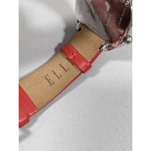 Elle Womens Dual Time Watch Airplane Travel Crystal Accent Red Leather Band - Picture 7 of 15